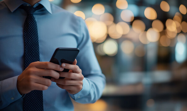 Close-up of a businessman in a blue shirt and tie using his phone, with a blurred office background and a bokeh effect. This is a stock photo with no face visible.