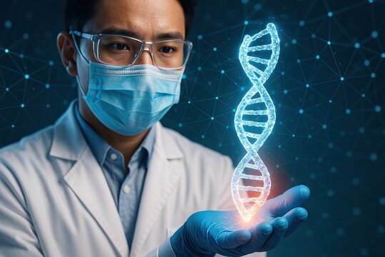 Bioinformatics advances genomics for personalized medicine solutions. Scientist in a lab coat and mask holds a glowing digital DNA helix, symbolizing genetic research and biotechnology innovations.