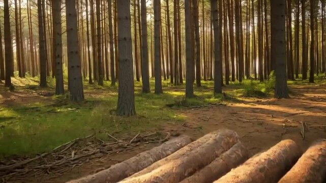 Many cut logs are stacked in a pile within a dense pine forest