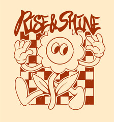 Retro Cartoon Sun Flower Character. Vintage Motivational Poster with Rise and Shine Text for T-Shirt or Wall Art
