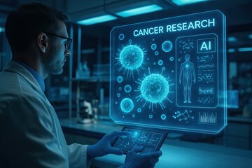 Bioinformatics advances genomics for personalized medicine solutions. Scientist analyzing cancer research data using AI technology in a futuristic lab setting.