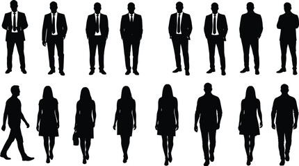 Business and casual people silhouettes collection, men and women standing and walking, black vector figures on white background, isolated