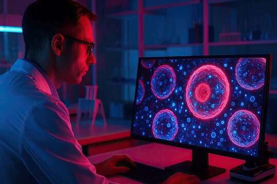 Bioinformatics advances genomics for personalized medicine solutions. A scientist studies vivid digital cell structures on a computer screen in a dark laboratory setting.