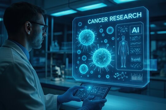 Bioinformatics advances genomics for personalized medicine solutions. Scientist analyzing cancer research data using AI technology in a futuristic lab setting. - Powered by Adobe