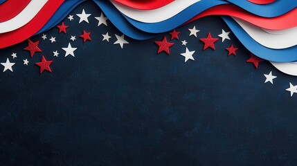 Red, white, and blue patriotic ribbons and stars decorate a dark textured background, symbolizing American pride and celebration.