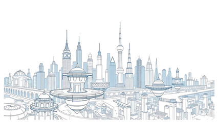 Obraz premium Abstract Line Art Cityscape Illustration Modern Architecture Skyline Drawing