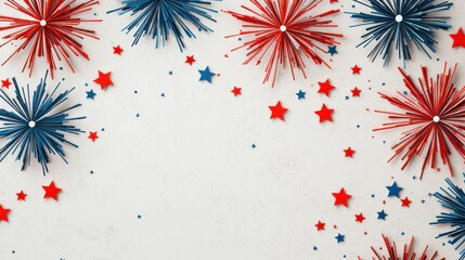 Red and blue starburst fireworks with scattered stars on a white background, creating a festive patriotic celebration theme.