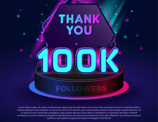 Thank you! 100K followers celebration banner with neon glow 3D text effect, colorful lights, modern podium stage, and editable vector design for social media milestones.
