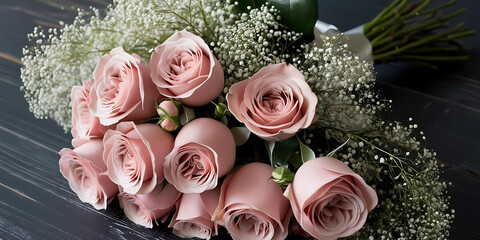 A bouquet of soft pink roses surrounded by delicate white baby's breath