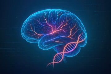 Artificial intelligence powers personalized medicine through genomics. A glowing digital illustration of a human brain intertwined with a DNA double helix, symbolizing the connection between genetics 