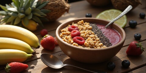 Chilled Smoothie Bowls, Refreshing Breakfast, Healthy Start A vibrant smoothie bowl topped with granola, chia seeds, and fresh berries, served