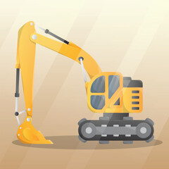 Side view excavator with big shovel. Heavy machinery construction vehicle illustration.