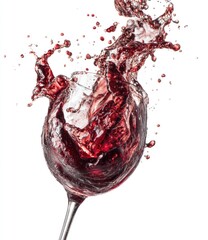 Red wine splashing dramatically from a stemmed glass against a stark white background, showcasing its vibrant color and dynamic movement