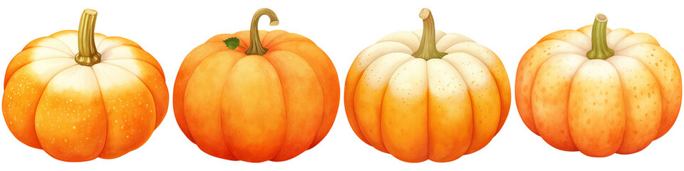 Four orange pumpkins with varying shapes and textures arranged in a row, each with distinct stems and natural blemishes.