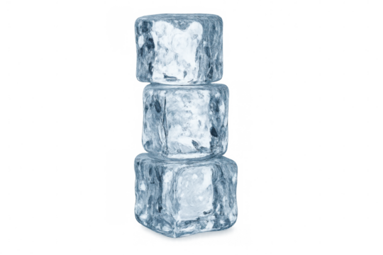 Translucent ice cubes balancing precariously, forming geometric pattern against pure white backdrop