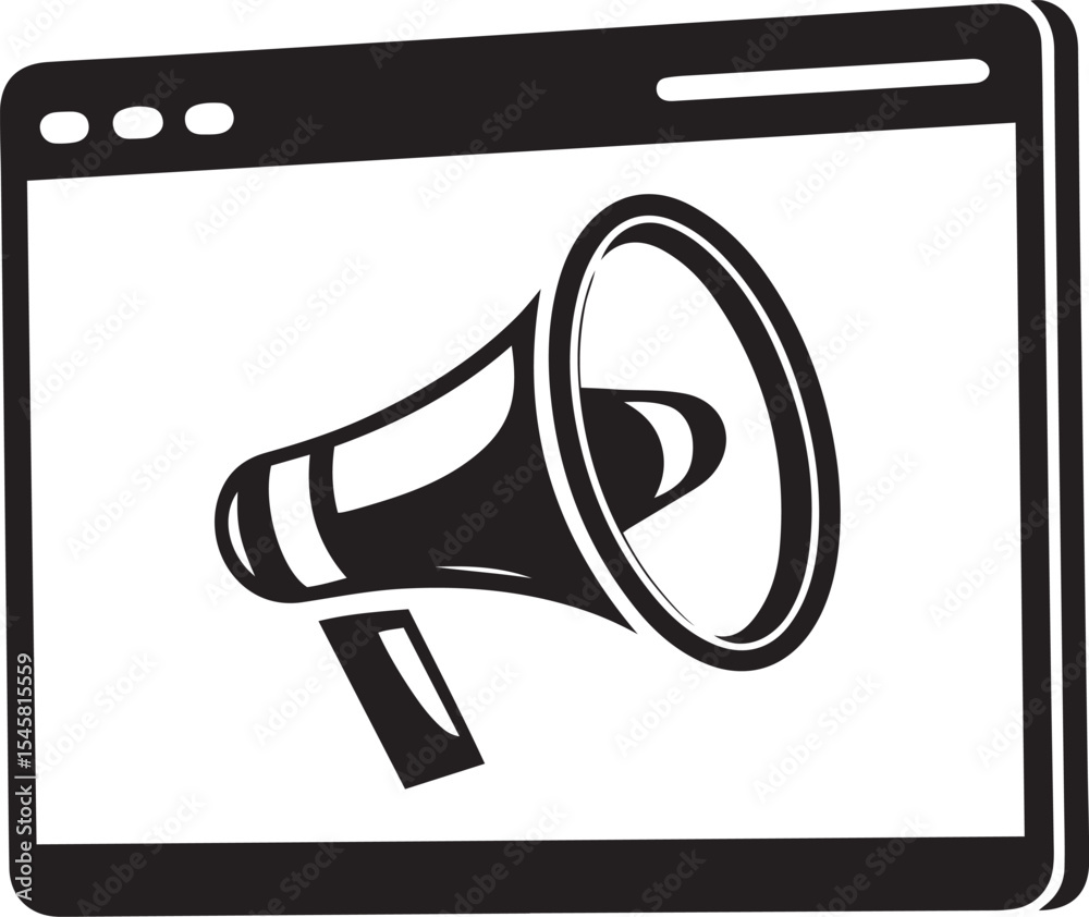 Poster vector icon design of megaphone inside a browser window, megaphone inside a browser window silhouett