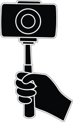 Vector icon design of hand holding a camera on a selfie stick, hand holding a camera on a selfie stick silhouette and line art premium quality vector design