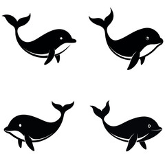 Four Black and White Dolphin Illustrations Cartoon Ocean Life Icons and Marine Animals