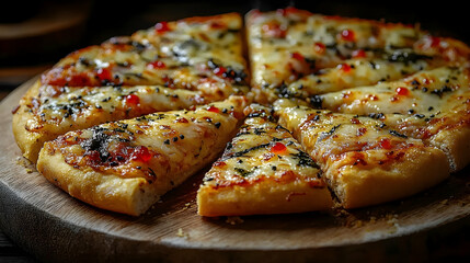 Appetizing cheese pizza slices on rustic wooden board