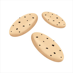 3D isometric chocolate chip cookies on white background. Realistic vector illustration for food ads, packaging, or digital media use.