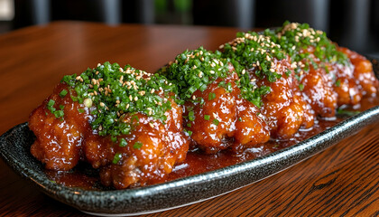 Fototapeta premium Glazed chicken wings with herbs and sesame garnish culinary dish