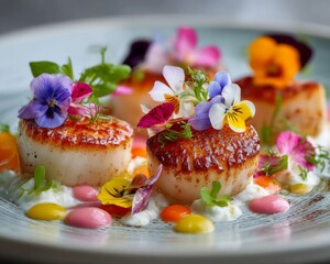 Obraz premium Seared Scallops with Edible Flowers and Creamy Sauce