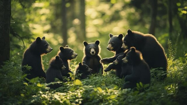 Adorable black bear cubs interacting in a lush green forest.