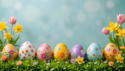 Colorful Easter Background with Decorated Eggs, Bunny Ears, Tulips, and Daffodils – Spring Holiday Scene with Copy Space for Greeting or Design Use