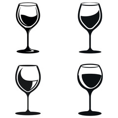 Four Stylized Wine Glasses with Varying Amounts of Black Liquid on White Background