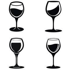 Illustration of Four Black and White Wine Glasses with Liquid Filling