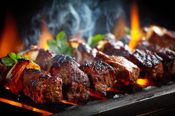 Grilled Beef Kebabs with Onions and Herbs on a Dark Background