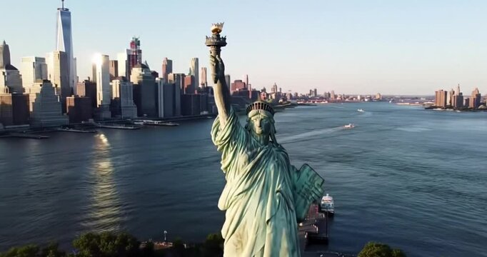 Aerial view video of the statue of liberty in new york