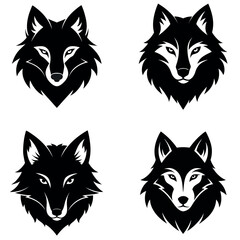 Four Distinct Black and White Wolf Head Logos on a White Background Layout