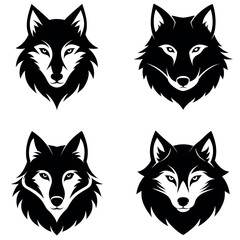 Four Different Black and White Wolf Head Designs, Graphics, Animal Illustration Set