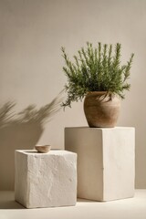Earthy terracotta vase with greenery sits atop a larger white cube, accompanied by a smaller cube and a tiny bowl, all casting shadows against a neutral backdrop