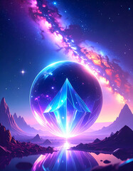 A surreal fantasy landscape with a glowing crystal sphere and vibrant galaxy sky above, reflecting in a calm alien lake. Futuristic and otherworldly scenery.