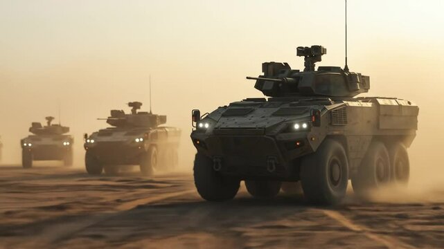 Military armored vehicles in desert landscape