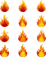 Twelve vibrant flame icons perfect for websites blogs and app designs showcasing various stages of fire intensity