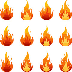 Twelve vibrant flame icons ideal for app design websites and presentations offering diverse fiery designs