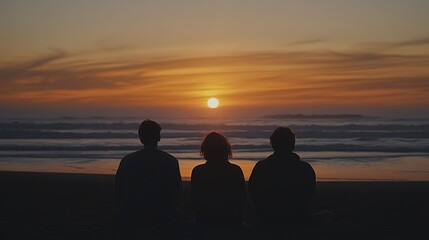 Silhouette of three people watching sunset on beach