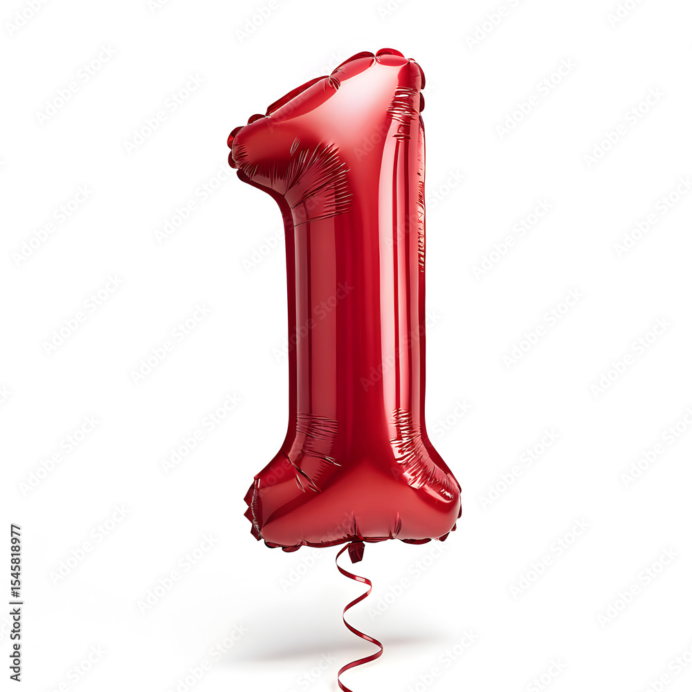 Fototapete a balloon shaped like the number 1,glossy red metallic finish with realistic reflections and smooth 