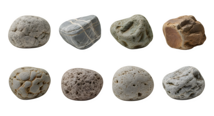 Collection of diverse smooth stones pebbles showing various textures colors and shapes ideal for design projects backgrounds or textures, transparent background