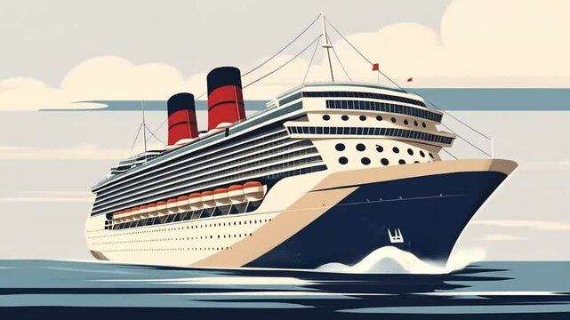 Vintage flat clip art of a grand cruise ship in cream and navy colors inspired by old travel posters