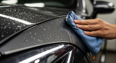 Hand polishing wet gray car surface with blue microfiber cloth for detailing