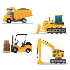 Yellow construction equipment vehicles set. A collection of Special heavy machines for building work. Illustration of Forklifts, excavators, bulldozers, and dump trucks.