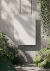 Blank poster hangs on a textured concrete wall, partially shaded, flanked by lush green foliage casting shadows