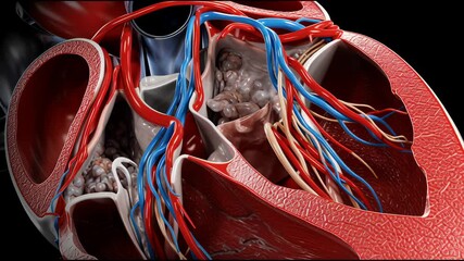 A close up of a heart with red and blue veins