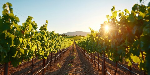 Obraz premium long uninterrupted vineyard rows on terraced hillsides, sun casting a soft glow from the right side, crisp vine shadows stretching across tilled earth, a low mountain line marks the horizon,