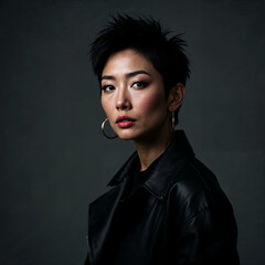Stylish asian woman with short hair in black leather jacket