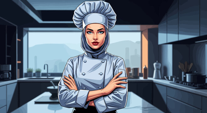 Adobe illustrator artwork vector illustration of a skilled chef woman wearing a hijab and toque, holding a spatula in a modern kitchen, representing culinary expertise and diversity